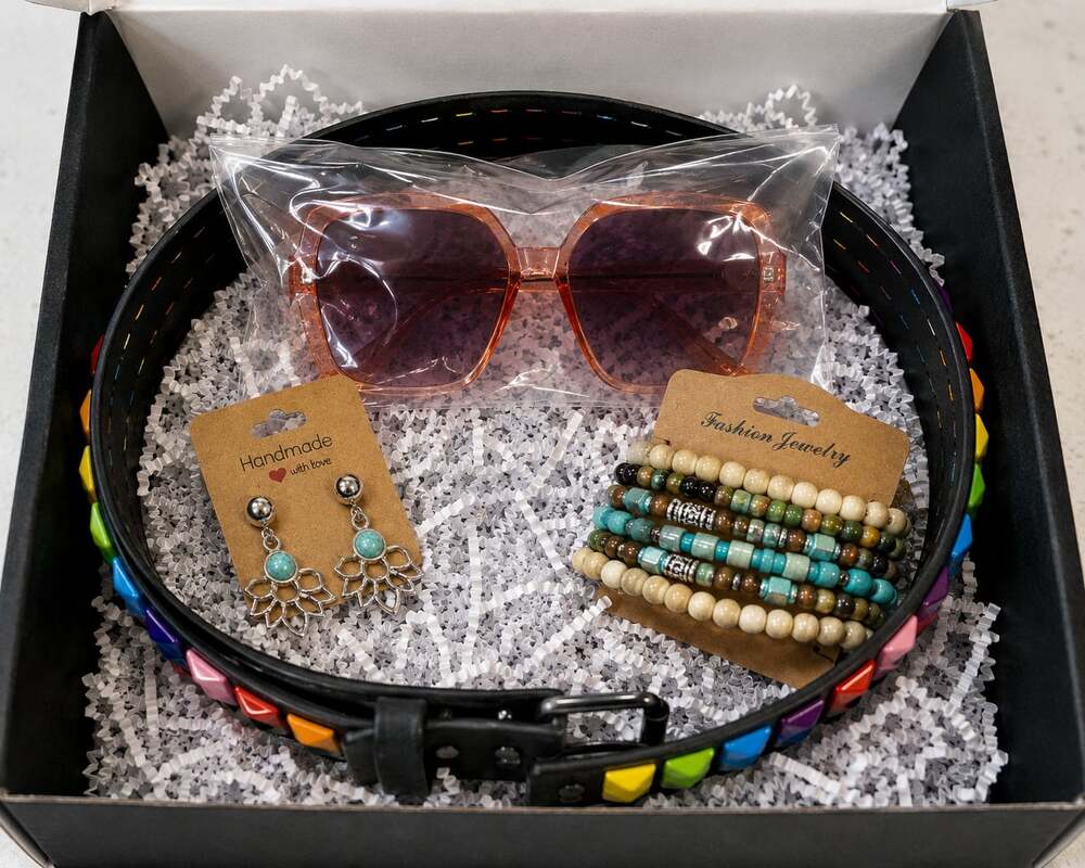 Y2K Rainbow Studded Belt Tinted Sunglasses Jewelry Accessory Bundle